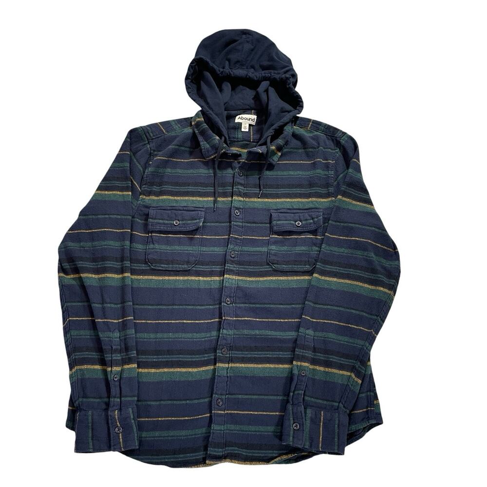 Abound Hooded Flannel Shirt Men's XL (Fits Size L) Long Sleeve Striped Cotton